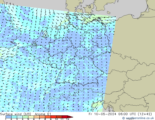 Surface wind (bft) Arome 01 Pá 10.05.2024 06 UTC