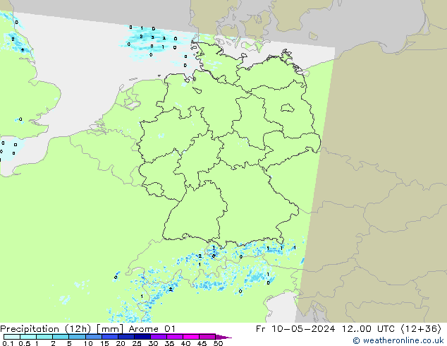 Totale neerslag (12h) Arome 01 vr 10.05.2024 00 UTC