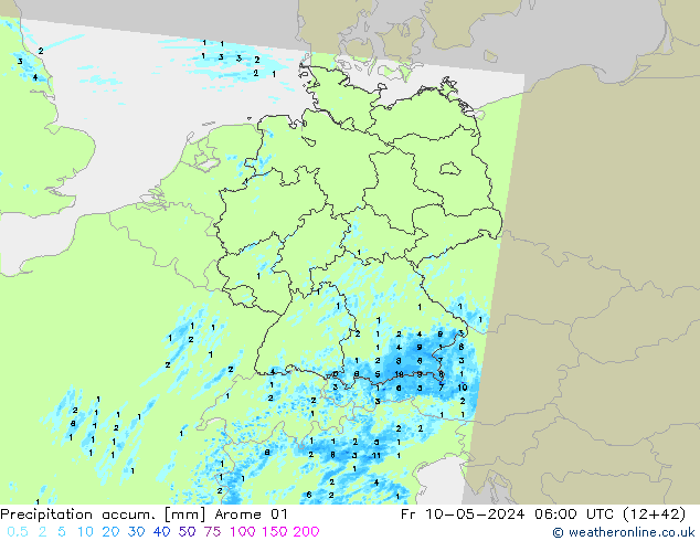 Precipitation accum. Arome 01 pt. 10.05.2024 06 UTC