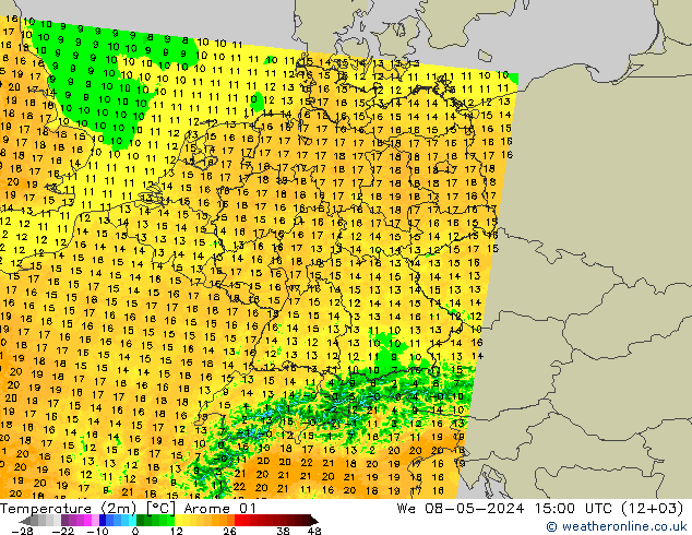 Temperatuurkaart (2m) Arome 01 wo 08.05.2024 15 UTC