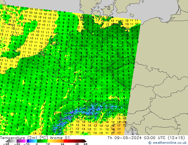 Temperatuurkaart (2m) Arome 01 do 09.05.2024 03 UTC