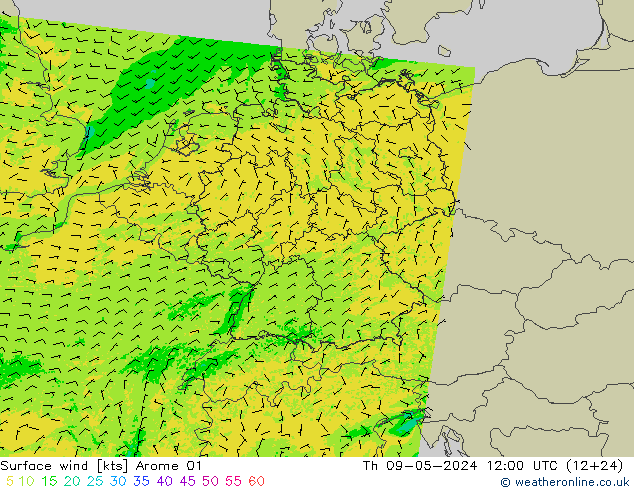 风 10 米 Arome 01 星期四 09.05.2024 12 UTC