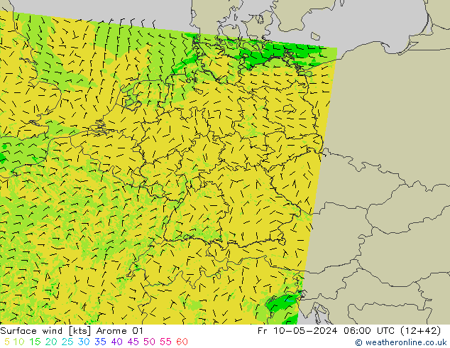 Surface wind Arome 01 Pá 10.05.2024 06 UTC