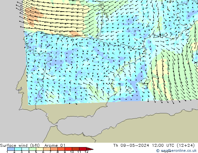 Surface wind (bft) Arome 01 Čt 09.05.2024 12 UTC