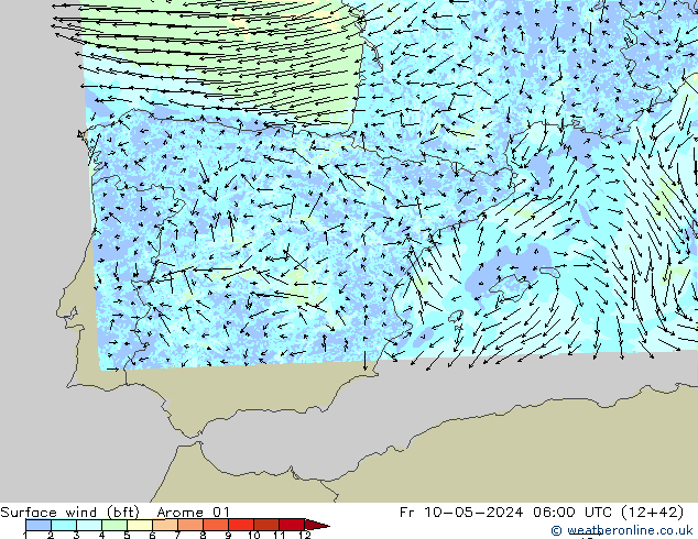 Surface wind (bft) Arome 01 Fr 10.05.2024 06 UTC