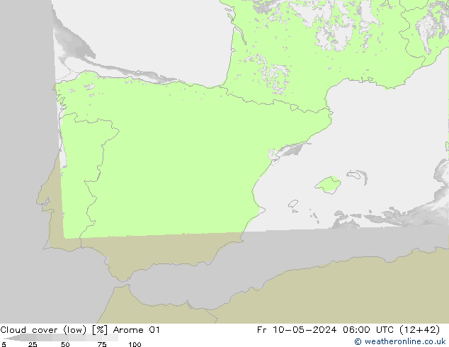 Cloud cover (low) Arome 01 Fr 10.05.2024 06 UTC