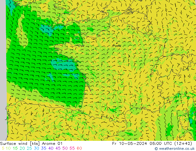 Rüzgar 10 m Arome 01 Cu 10.05.2024 06 UTC