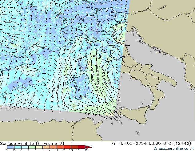 Surface wind (bft) Arome 01 Fr 10.05.2024 06 UTC