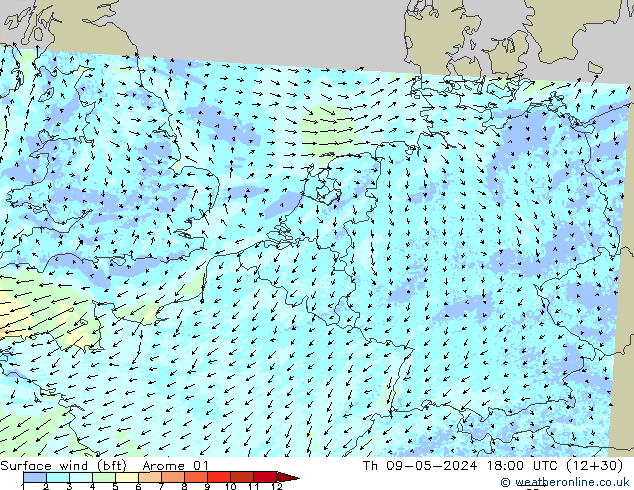 Surface wind (bft) Arome 01 Th 09.05.2024 18 UTC