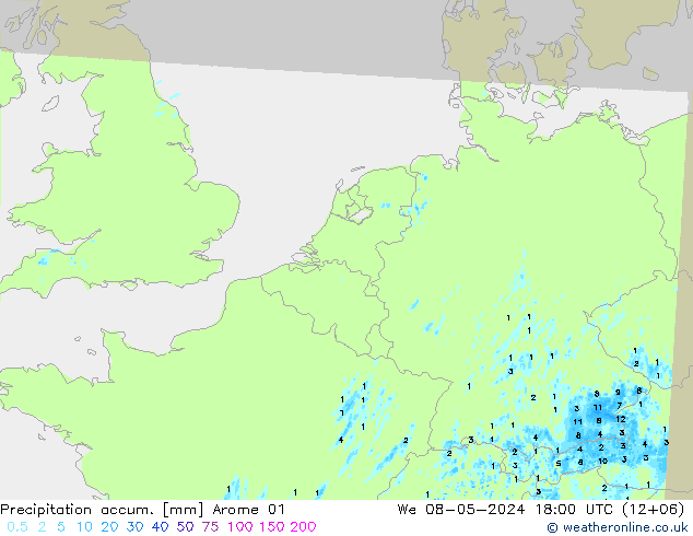 Precipitation accum. Arome 01 We 08.05.2024 18 UTC