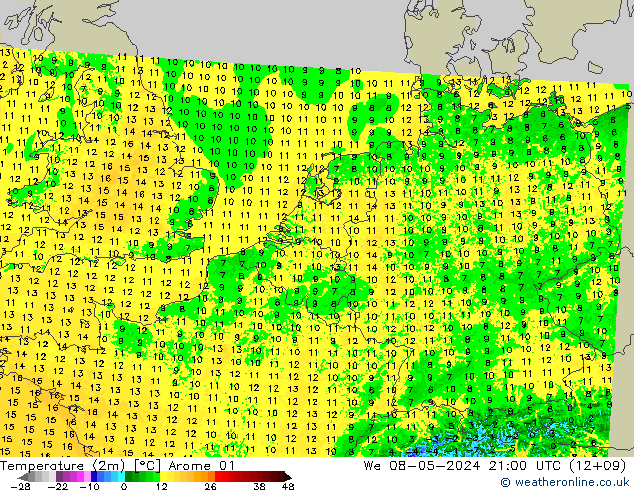 Temperatura (2m) Arome 01 mer 08.05.2024 21 UTC