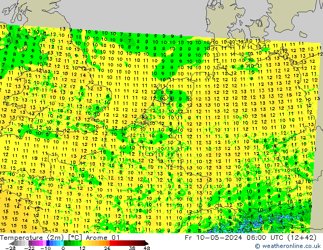 Temperaturkarte (2m) Arome 01 Fr 10.05.2024 06 UTC