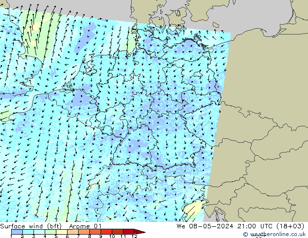 Surface wind (bft) Arome 01 We 08.05.2024 21 UTC