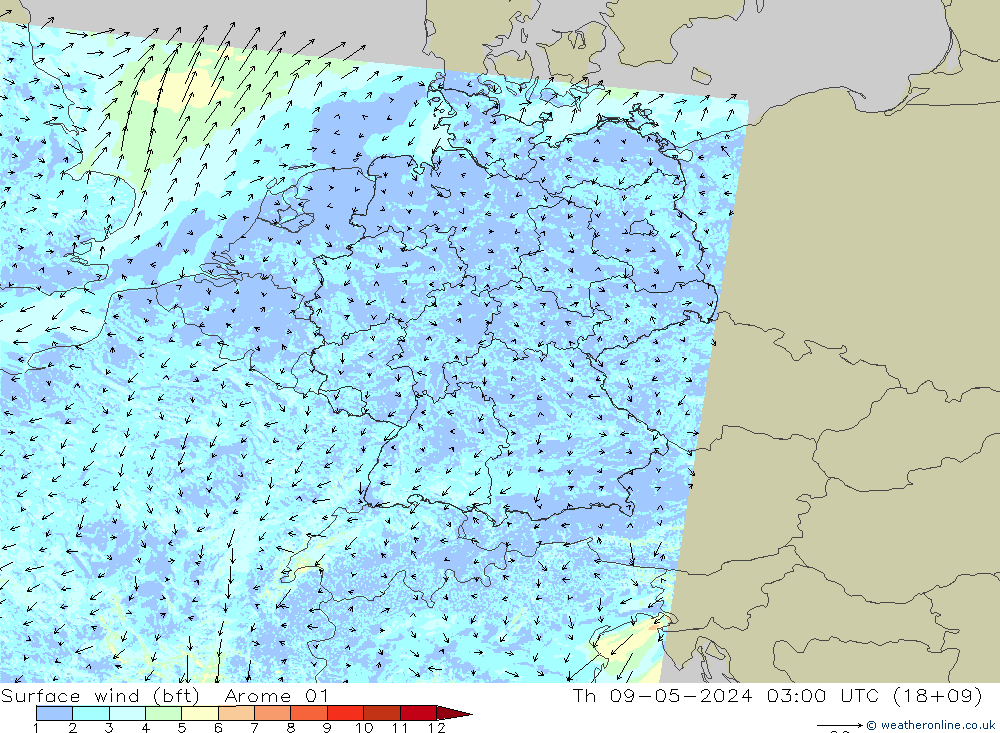 Surface wind (bft) Arome 01 Th 09.05.2024 03 UTC