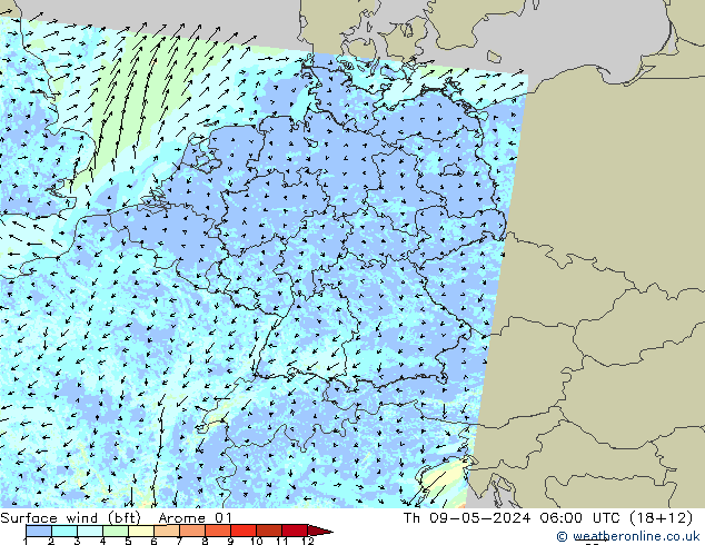 Wind 10 m (bft) Arome 01 do 09.05.2024 06 UTC