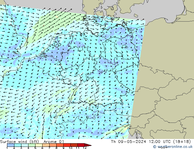 Wind 10 m (bft) Arome 01 do 09.05.2024 12 UTC