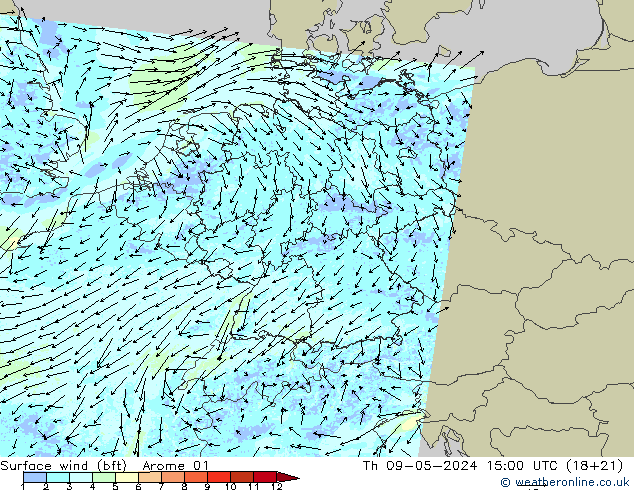 Wind 10 m (bft) Arome 01 do 09.05.2024 15 UTC
