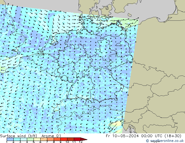Rüzgar 10 m (bft) Arome 01 Cu 10.05.2024 00 UTC