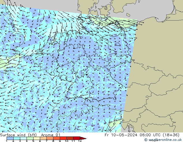 Bodenwind (bft) Arome 01 Fr 10.05.2024 06 UTC