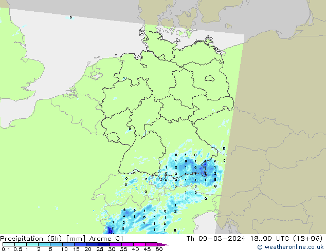 降水量 (6h) Arome 01 星期四 09.05.2024 00 UTC