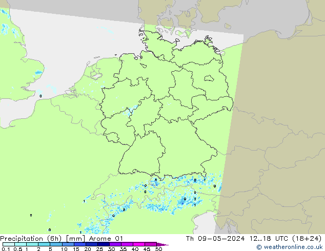 Precipitation (6h) Arome 01 Čt 09.05.2024 18 UTC