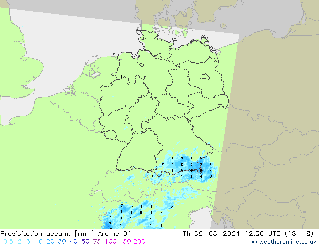 Precipitation accum. Arome 01  09.05.2024 12 UTC