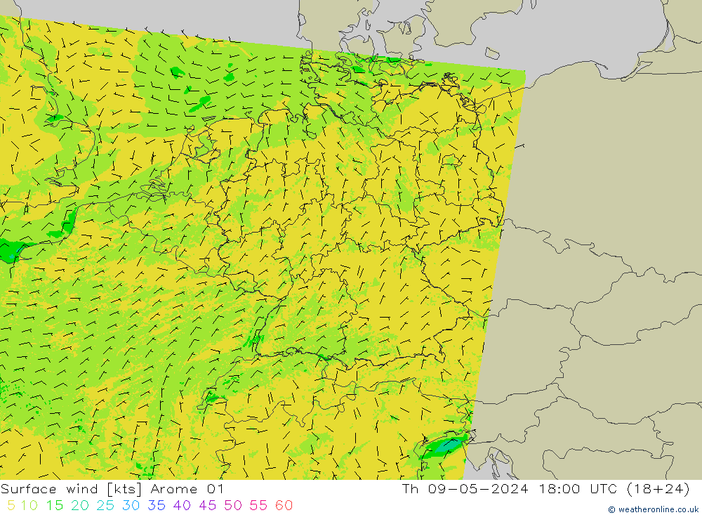 风 10 米 Arome 01 星期四 09.05.2024 18 UTC
