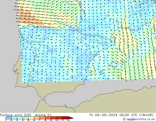 Rüzgar 10 m (bft) Arome 01 Per 09.05.2024 00 UTC