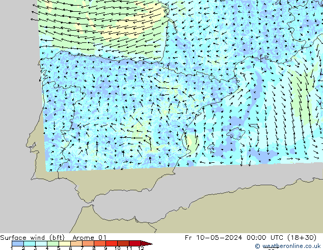 Surface wind (bft) Arome 01 Fr 10.05.2024 00 UTC