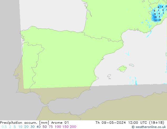 Precipitation accum. Arome 01 Th 09.05.2024 12 UTC