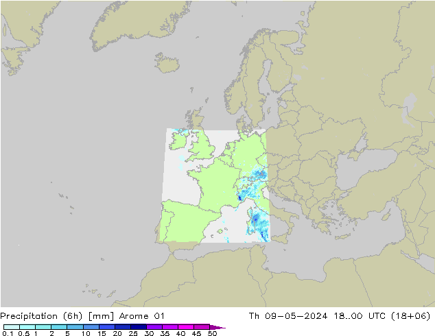 Precipitation (6h) Arome 01 Th 09.05.2024 00 UTC