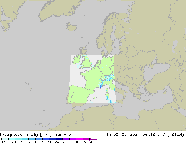 降水量 (12h) Arome 01 星期四 09.05.2024 18 UTC