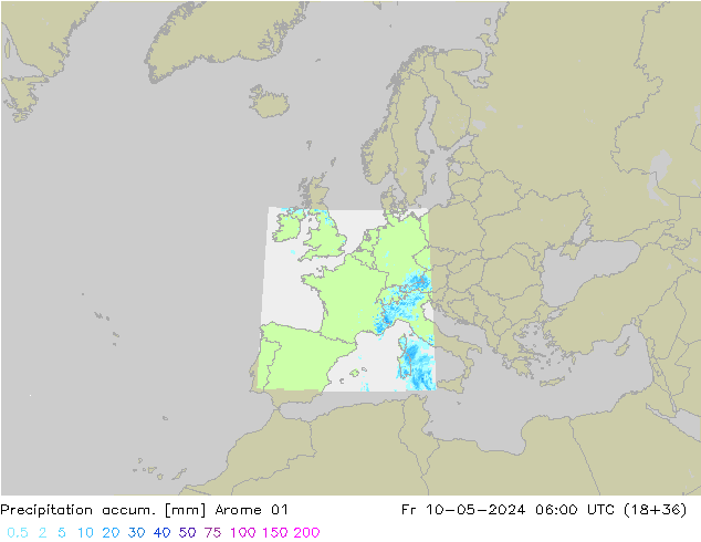 Precipitation accum. Arome 01 Fr 10.05.2024 06 UTC