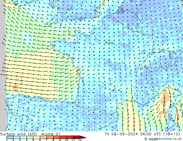 Viento 10 m (bft) Arome 01 jue 09.05.2024 06 UTC