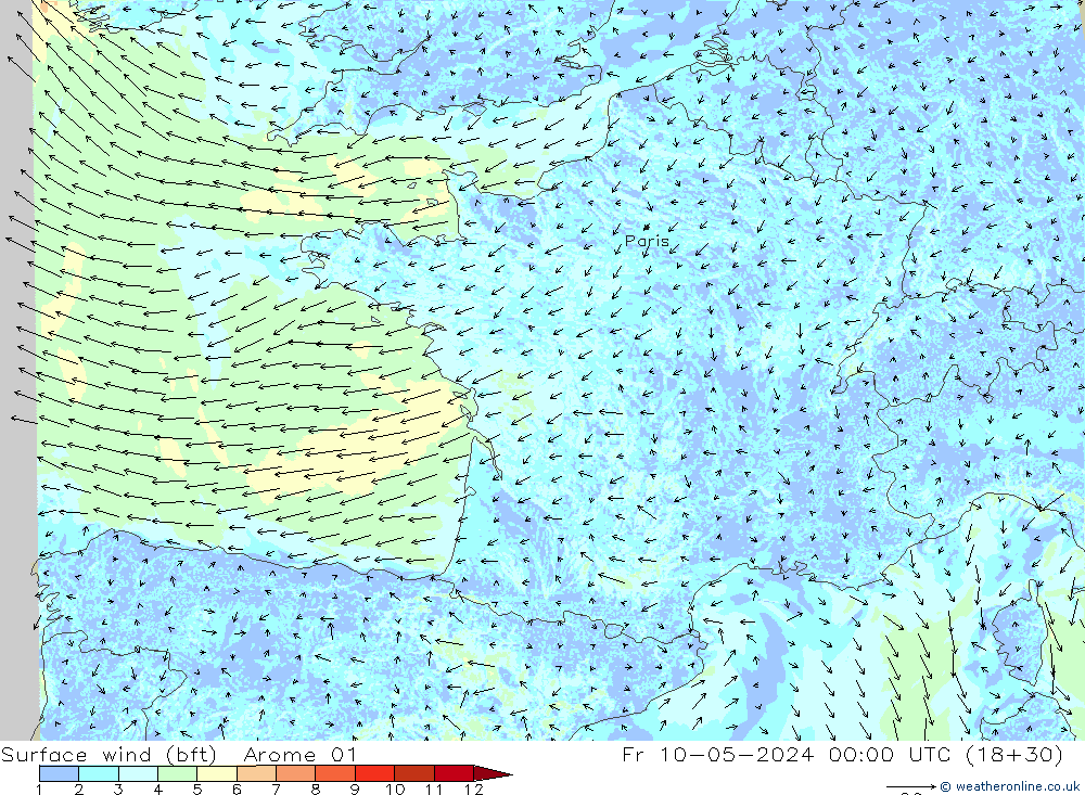Wind 10 m (bft) Arome 01 vr 10.05.2024 00 UTC