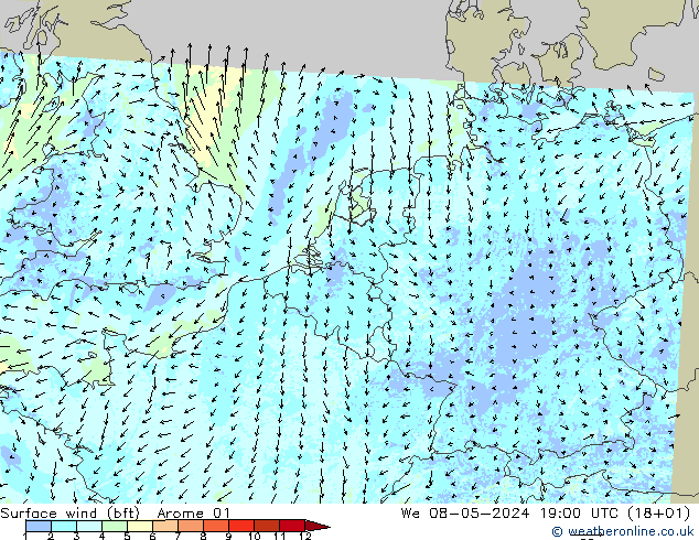 Wind 10 m (bft) Arome 01 wo 08.05.2024 19 UTC