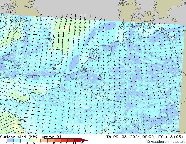 Surface wind (bft) Arome 01 Th 09.05.2024 00 UTC
