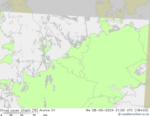 Cloud cover (high) Arome 01 We 08.05.2024 21 UTC