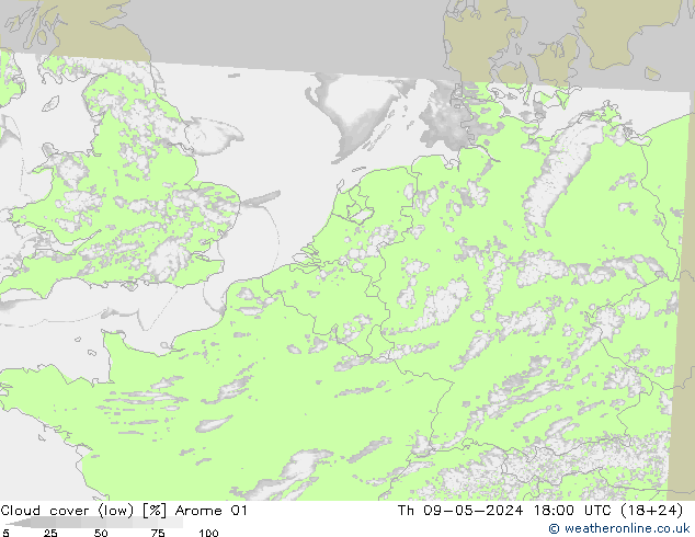 Cloud cover (low) Arome 01 Th 09.05.2024 18 UTC