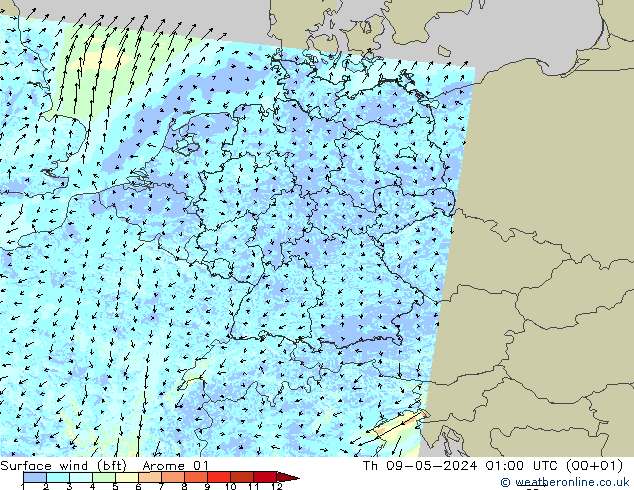 Wind 10 m (bft) Arome 01 do 09.05.2024 01 UTC