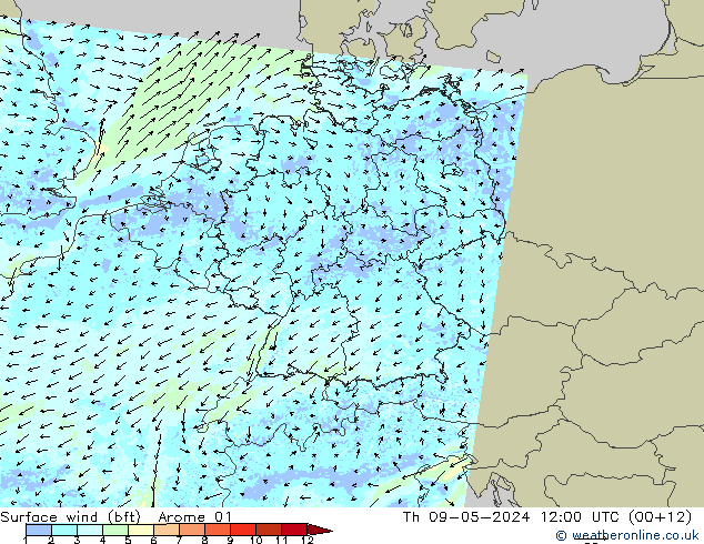 Rüzgar 10 m (bft) Arome 01 Per 09.05.2024 12 UTC