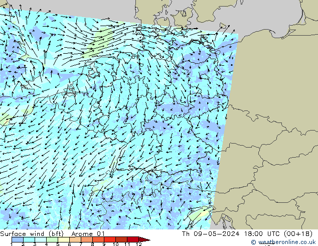 wiatr 10 m (bft) Arome 01 czw. 09.05.2024 18 UTC
