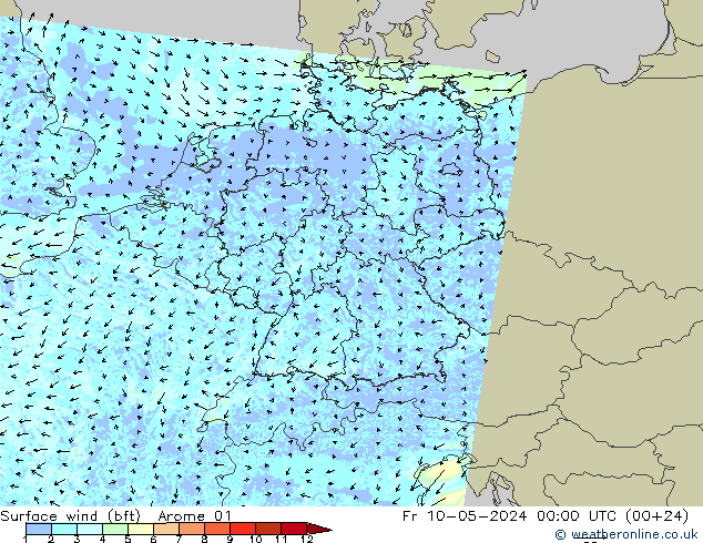Wind 10 m (bft) Arome 01 vr 10.05.2024 00 UTC