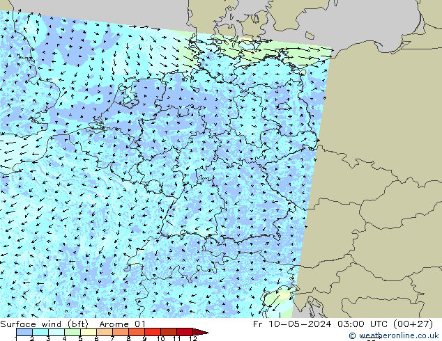 Vent 10 m (bft) Arome 01 ven 10.05.2024 03 UTC