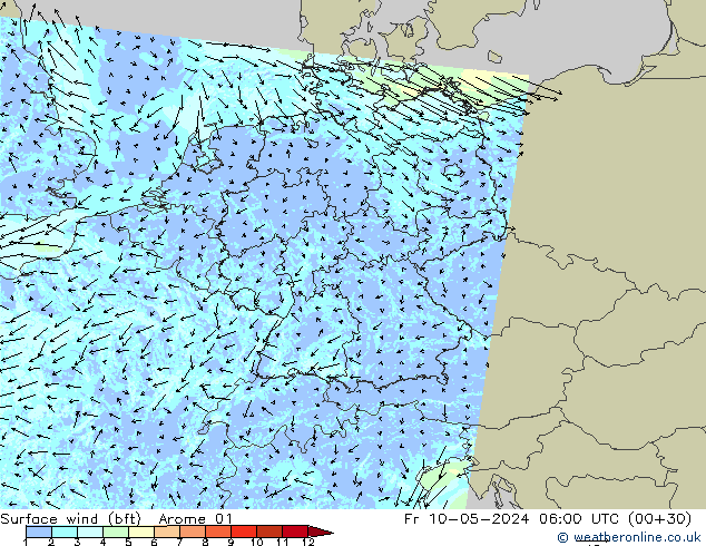Bodenwind (bft) Arome 01 Fr 10.05.2024 06 UTC