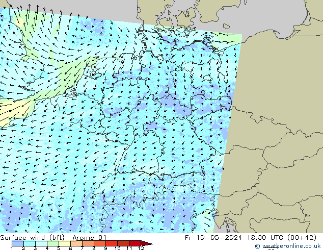 Surface wind (bft) Arome 01 Pá 10.05.2024 18 UTC