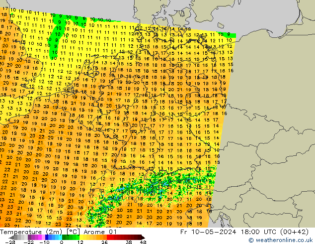 Temperatuurkaart (2m) Arome 01 vr 10.05.2024 18 UTC