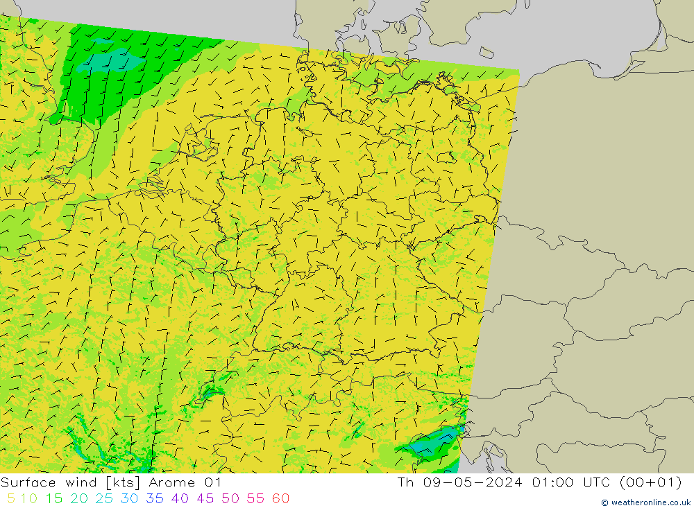 风 10 米 Arome 01 星期四 09.05.2024 01 UTC
