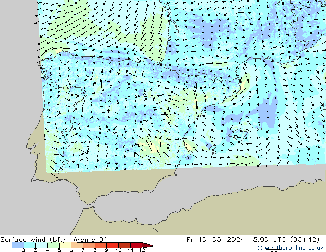 Surface wind (bft) Arome 01 Fr 10.05.2024 18 UTC