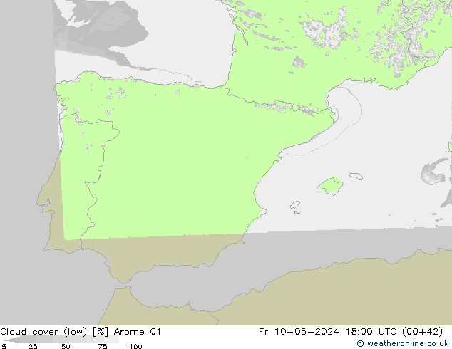 Cloud cover (low) Arome 01 Fr 10.05.2024 18 UTC